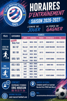 Ecole de Football et Pré-formation : Horaires des séances saison 2026-2027